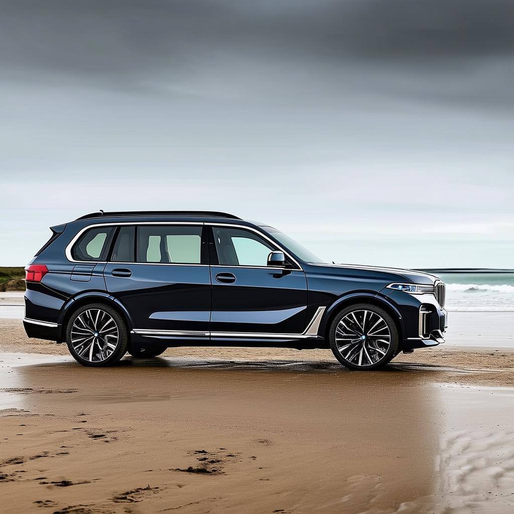 BMW X7 UK side view on a beach