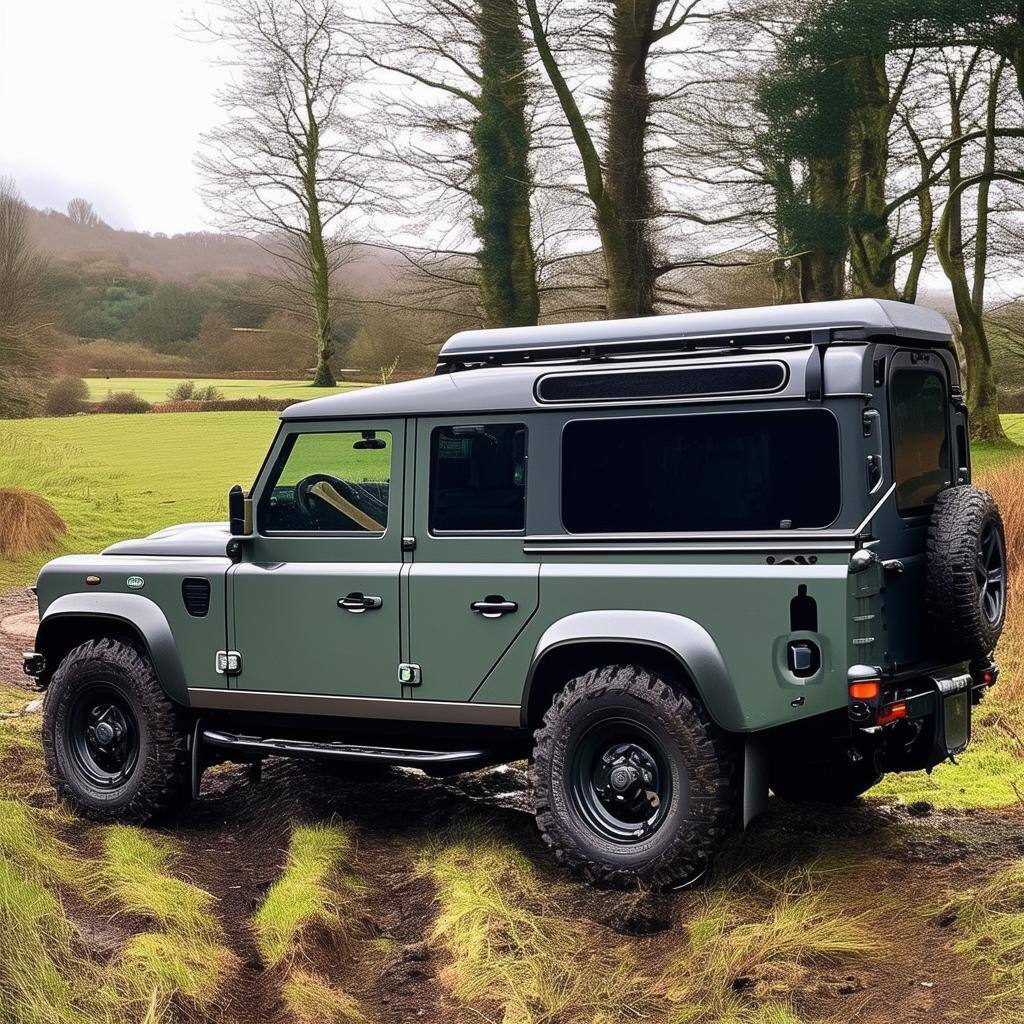 Land rover defender UK side view with a off road backround