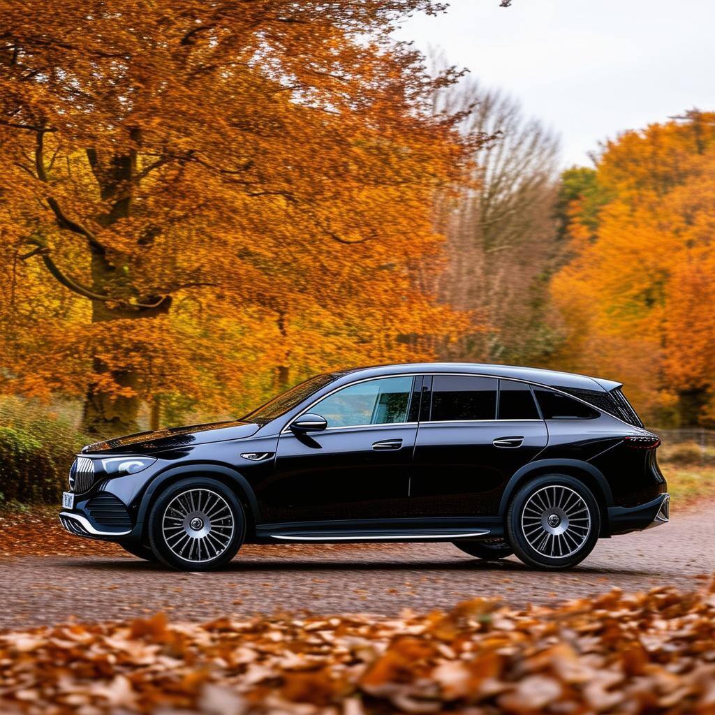 Mercedes EQC UK side photo with autumn background