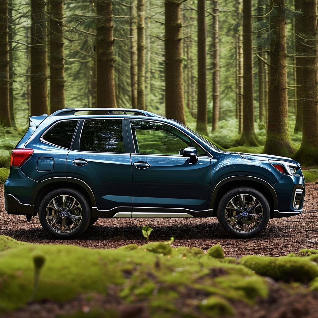 subaru forester uk side view with a forrest background